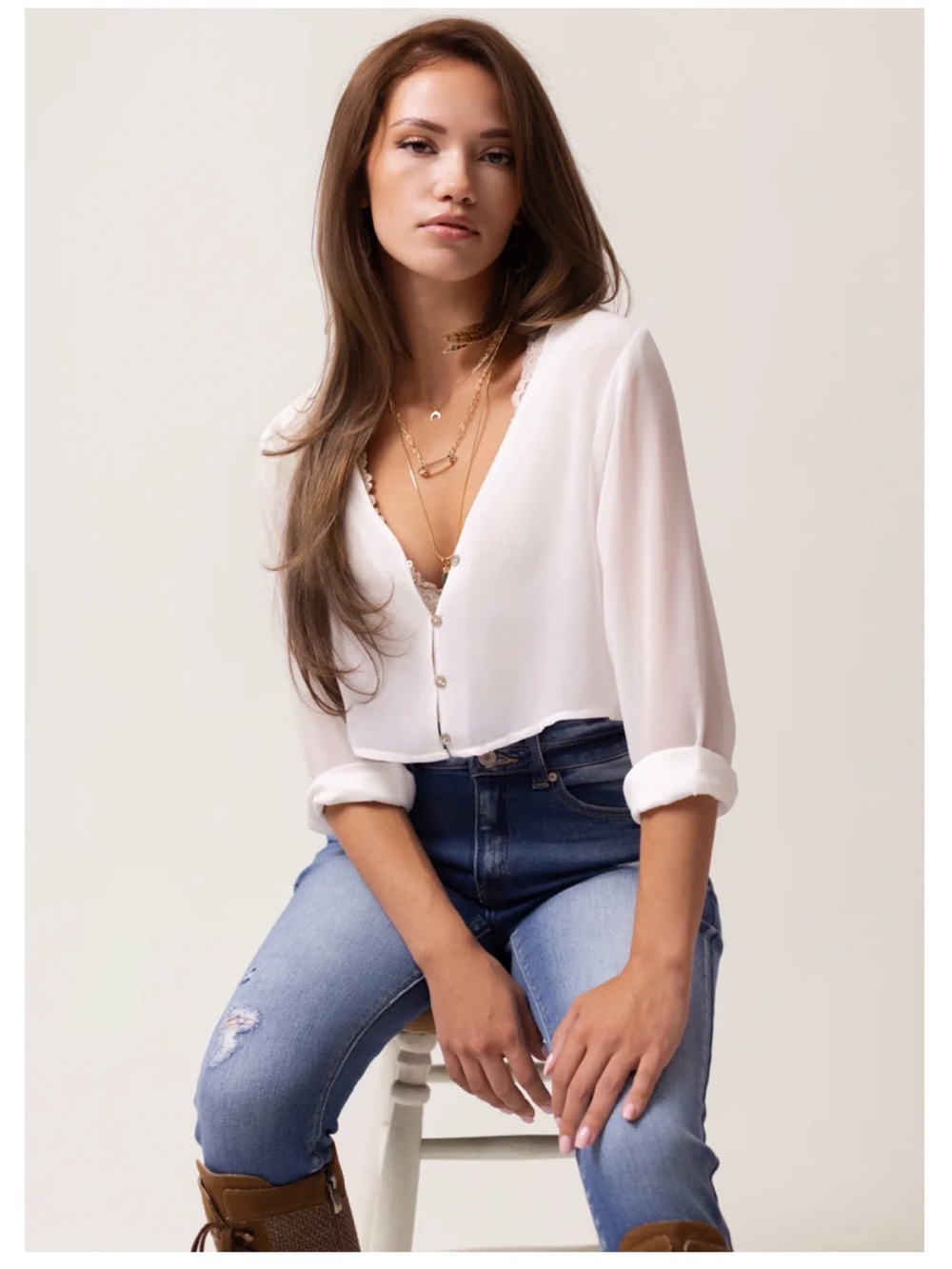 Women's Cropped White V-Neck Button Front Blouse